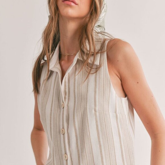 Women's Linen Blend Collared Tank Top | Ivory Taupe - Picture 2 of 5